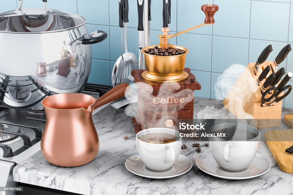Manual Coffee Grinder With Cups Of Coffee And Copper Turkish Coffee Pot On  The Kitchen Table 3d Rendering Stock Photo - Download Image Now - iStock