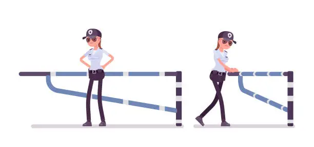 Vector illustration of Female security guard at mechanical barrier