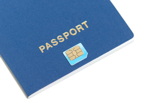 Flat design of passport with chip icon lying on white background with copy space for your text. Biometric passport id for travelling. Electronic identification chip.