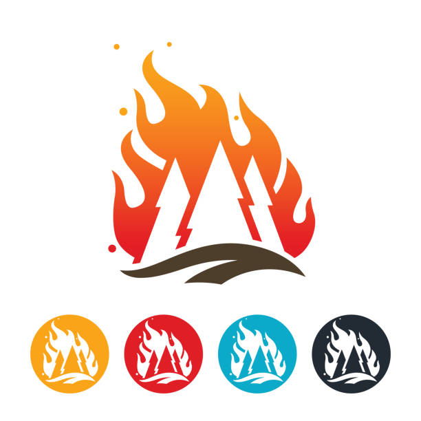Wildfire Icon An icon of a wildfire burning a forest of pine trees. forest fire stock illustrations