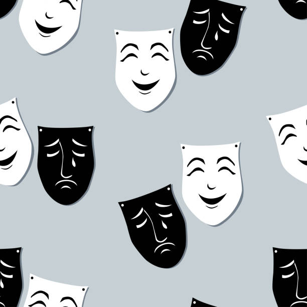 Pattern of the theatrical emotion masks Seamless background of the classical theatrical masks. background of the sad face black and white stock illustrations