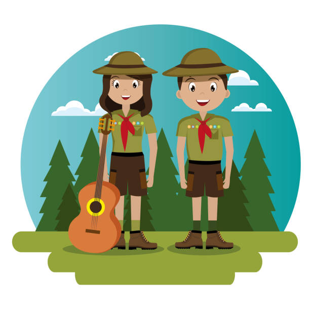 illustrations, cliparts, dessins animés et icônes de scouts de couple dans la scène de la zone camping - national wildlife reserve illustrations