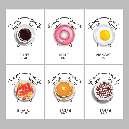 Breakfast time. Realistic coffee,  donut, waffles, jam and fresh raspberries, milk with chocolate cereal balls, pancake with butter, fried egg and painted alarm clock. Concept. Vector illustration.