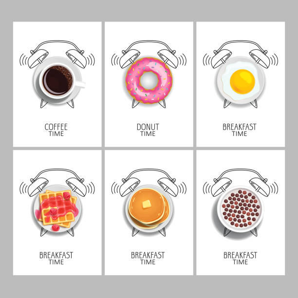 Breakfast time. Realistic food and painted alarm clock. Concept. Vector illustration. Breakfast time. Realistic coffee,  donut, waffles, jam and fresh raspberries, milk with chocolate cereal balls, pancake with butter, fried egg and painted alarm clock. Concept. Vector illustration. breakfast stock illustrations