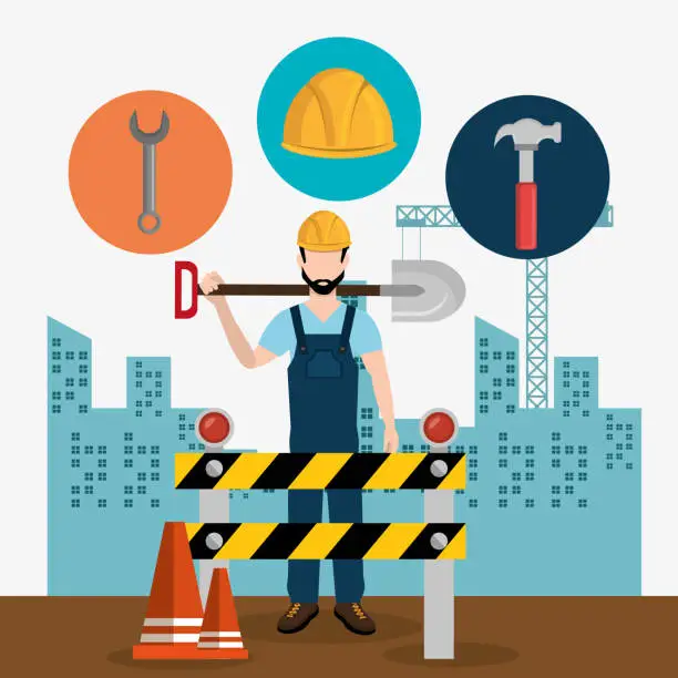 Vector illustration of construction worker with under construction icons