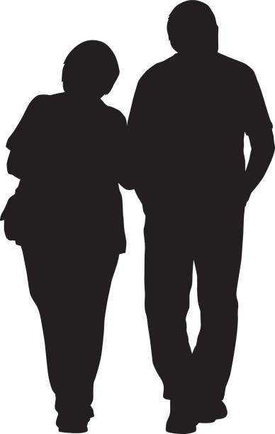 Older couple Walking Arm In Arm Vector silhouette of an older couple walking arm in arm. locking-arms stock illustrations