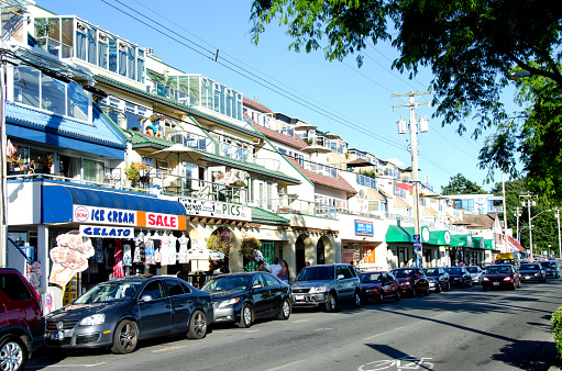 Main beach retail shops in Whiterock British Columbia. This very busy area is  near the pier and boardwalk and has several dining and drinking establishments.