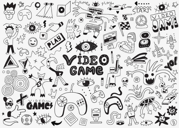 video game doodle set , pencil drawings computer equipment vector illustration design doodle stock illustrations