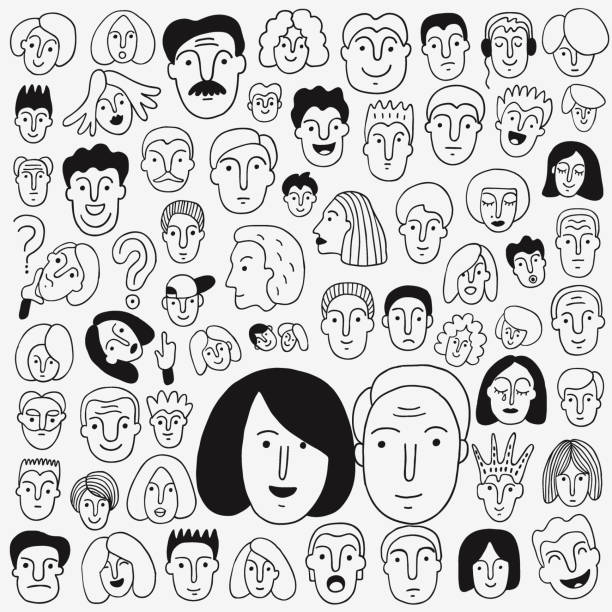 human face - doodle set ,pencil drawings group of people , human head, illustration ,icon set, decoration drawing of the how to draw a crying face stock illustrations
