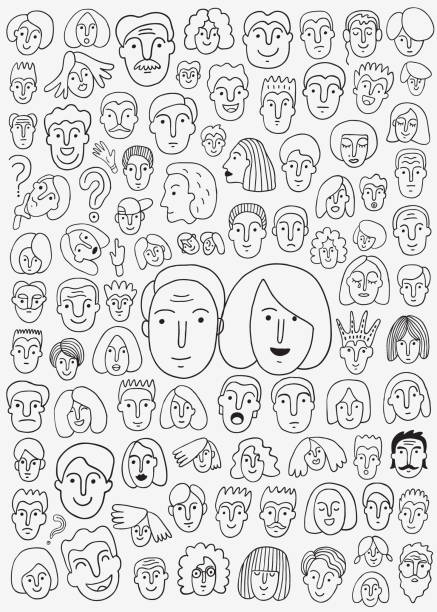 human face - doodle set ,pencil drawings group of people , human head, illustration ,icon set, decoration ugly people crying stock illustrations