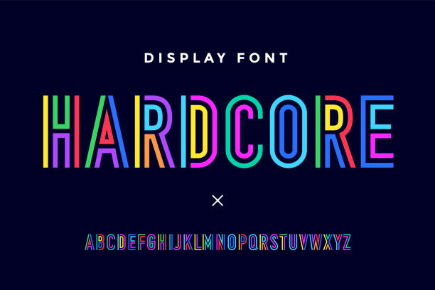 Line condensed alphabet and font Line condensed alphabet and font. Colorful uppercase outline letters. Type, typography letter line font in coloured rainbow style. Hand-drawn modern narrow sans serif line font for headline. Vector Illustration latin script stock illustrations