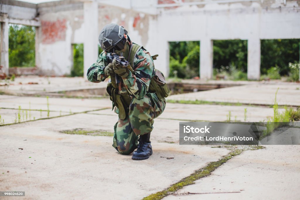 Gun To Fire Soldier With Gun Ready To Fire Stock Photo - Download Image Now - Adult ...