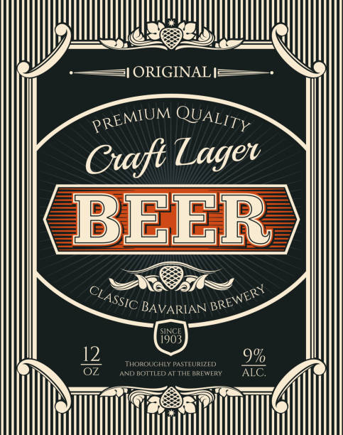Beer or craft lager label of brewery alcohol drink Beer alcohol drink bottle label of bavarian brewery craft lager. Beer, lager or ale retro banner with frame border of vintage scroll and hop branch for bar, pub or brewery emblem design german beer stock illustrations