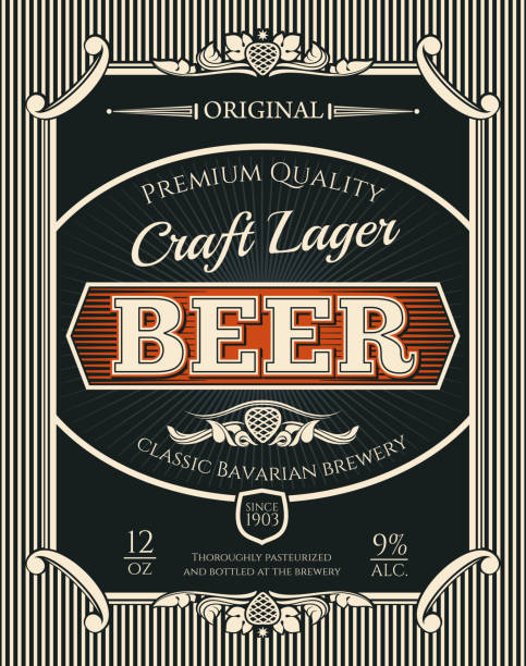 Beer or craft lager label of brewery alcohol drink Beer alcohol drink bottle label of bavarian brewery craft lager. Beer, lager or ale retro banner with frame border of vintage scroll and hop branch for bar, pub or brewery emblem design beer brands stock illustrations