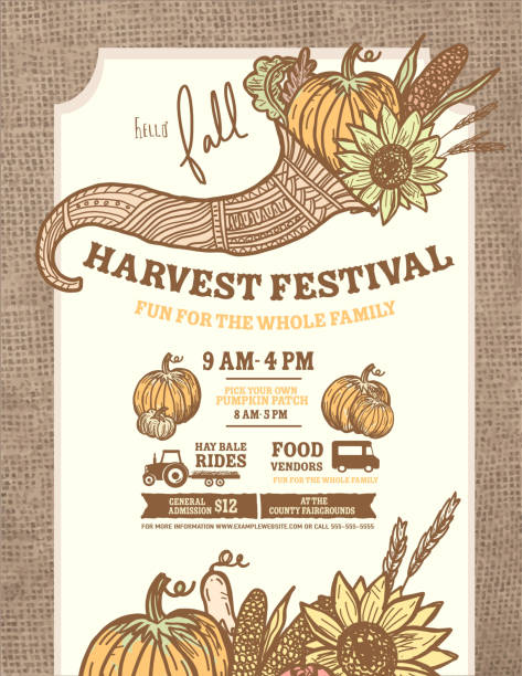 가을 수확 축제 포스터 초대 디자인 서식 파일 - burlap sack illustrations stock illustrations