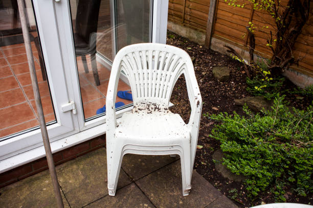 Dirty garden plastic chairs ready for cleaning. Home improvements and renovations. Plastic objects in the garden. Old and used garden furniture. White plastic garden chair.