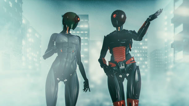 istock Two cyborgs talking walking down the street 998073190