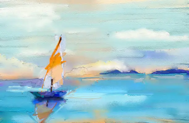Photo of Modern art oil paintings with boat, sail on sea. Abstract contemporary art for background