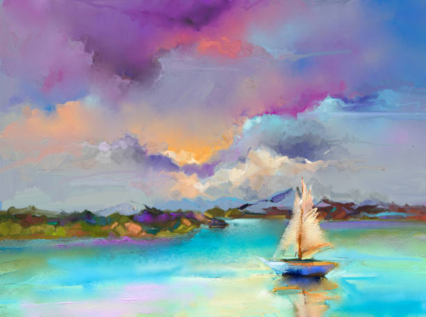 Impressionism image of seascape paintings with sunlight background Colorful oil painting on canvas texture. Impressionism image of seascape paintings with sunlight background. Modern art oil paintings with boat, sail on sea. Abstract contemporary art for background impressionism photos stock pictures, royalty-free photos & images