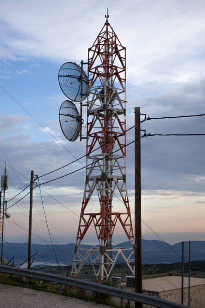 istock A telecom tower with two parabolic antennas with pylon carrying cables. It uses a parabolic reflector, a curved surface with the cross-sectional shape of a parabola, to direct the radio waves. 998110464