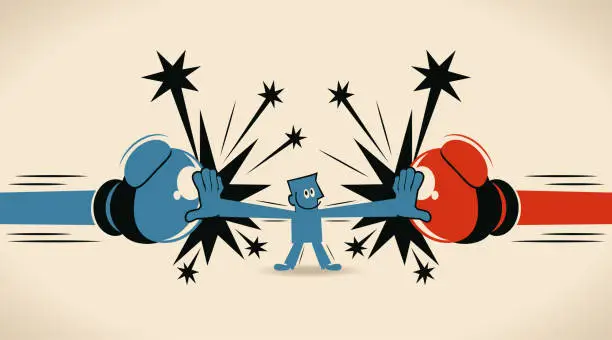 Vector illustration of Businessman block Jabs & Straight Punches (big boxing glove), man stop conflict