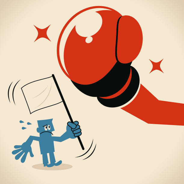 Businessman raising the white flag (surrendering), standing in front of big boxing glove (fist) Blue Little Guy Characters Full Length Vector art illustration.Copy Space.
Businessman raising the white flag (surrendering), standing in front of big boxing glove (fist). boxercise stock illustrations