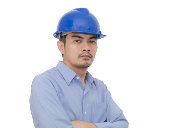 istock Portrait of Asian man engineer wearing engineering cap blue on white background 998150022