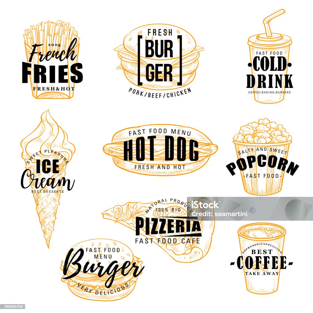 Fast food label with burger, drink and dessert Fast food sketch label with burger, drink and dessert. Hamburger, hot dog and pizza, fries, cheeseburger and sandwich, coffee, soda, ice cream and popcorn icon for fast food cafe and pizzeria design Ice Cream stock vector