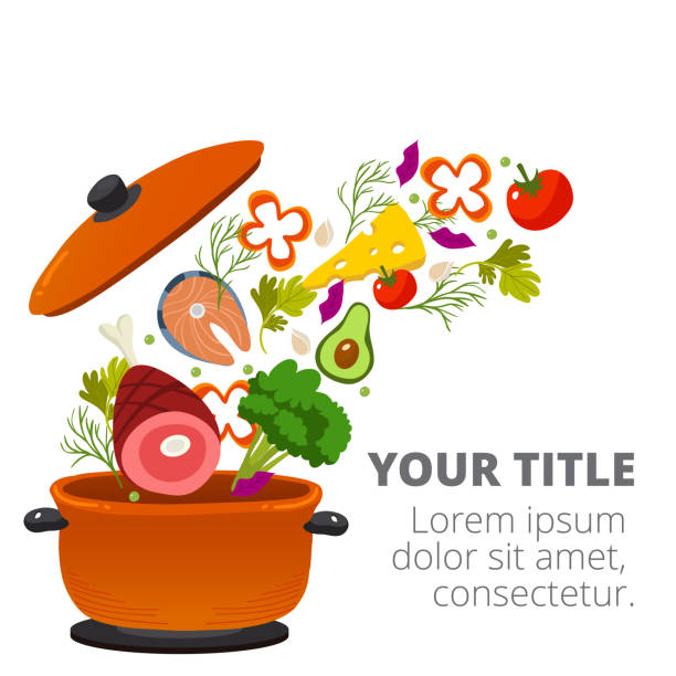 illustrazioni stock, clip art, cartoni animati e icone di tendenza di verdure sane che cucinano nell'immagine vettoriale della pentola da cucina - cooking