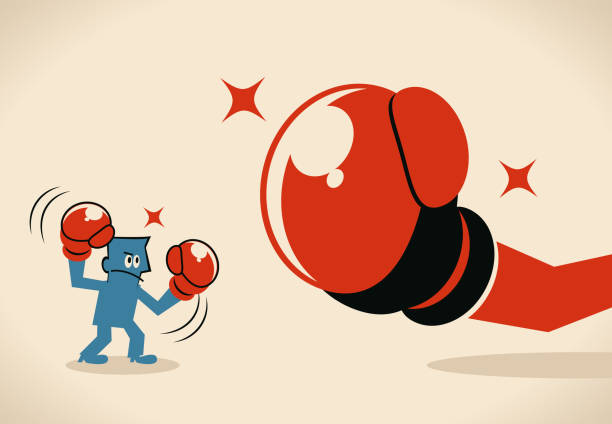Businessman (boxer, man) fighting against big boxing glove Blue Little Guy Characters Full Length Vector art illustration.Copy Space.
Businessman (boxer, man) fighting against big boxing glove. boxercise stock illustrations