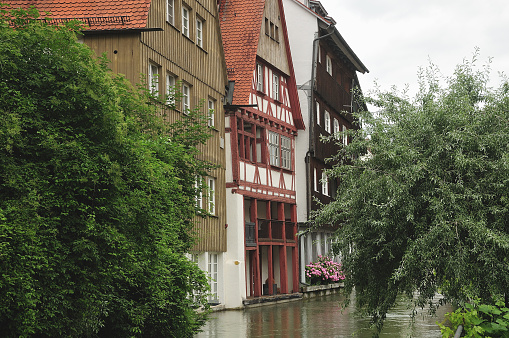 medieval houses at river banks of Blau in old town of Ulm, Germany
