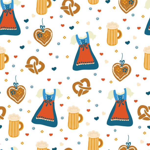 illustrations, cliparts, dessins animés et icônes de modèle d’oktoberfest vectorielle continue. dirndl dress, lebkuchenherz, des fleurs, des coeurs, des bretzels. fond blanc. costumes de l’oktoberfest bavarois. - lebkuchenherz oktoberfest heart shape gingerbread cookie