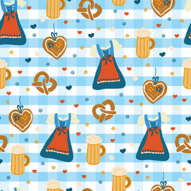 illustrations, cliparts, dessins animés et icônes de dirndl robe modèle vectorielle continue oktoberfest. lebkuchenherz, fleurs, cœurs, verre à bière. fond de damier bleu et blanc. costumes de l’oktoberfest bavarois. - lebkuchenherz oktoberfest heart shape gingerbread cookie