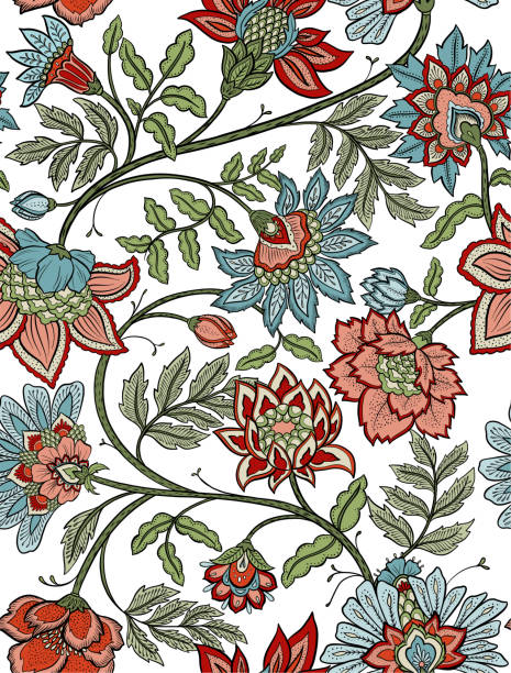 pola bunga bohemian yang mulus - bunga mandala paisley - batik ilustrasi stok