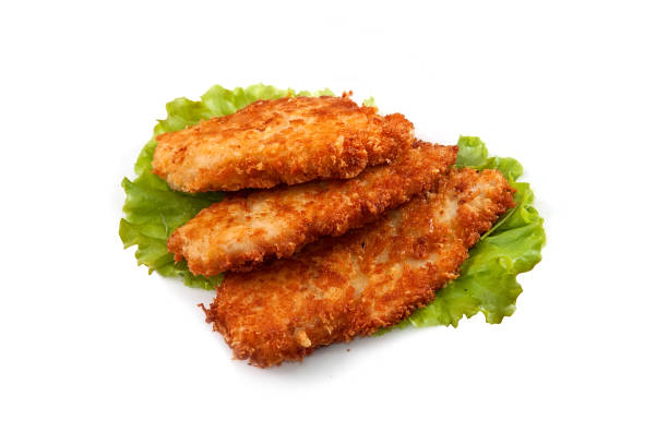 빵 부스러기 흰색 절연에 갈비 - schnitzel cutlet meat isolated on white 뉴스 사진 이미지