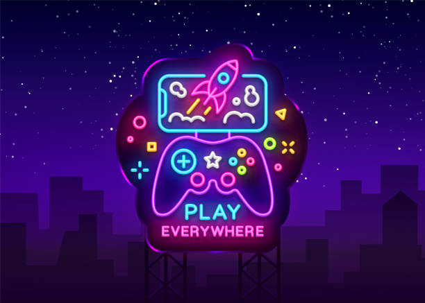 illustrazioni stock, clip art, cartoni animati e icone di tendenza di gamepad e smartphone vettore di insegne al neon. giochi per smartphone logotype, emblem modern trend design, vector template, light banner, night vivid video game promotion, design element. cartellone vettoriale - gambling