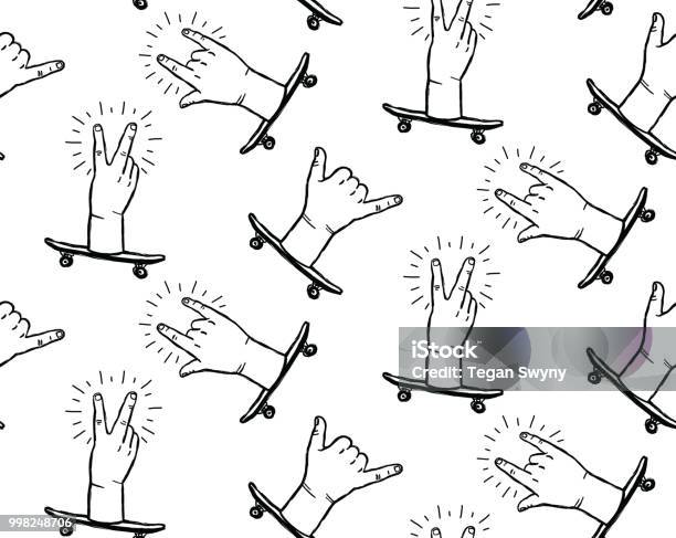 Seamless Skateboarding Rock N Roll Hands Shaka Hands And Peace Signs Stock Illustration - Download Image Now