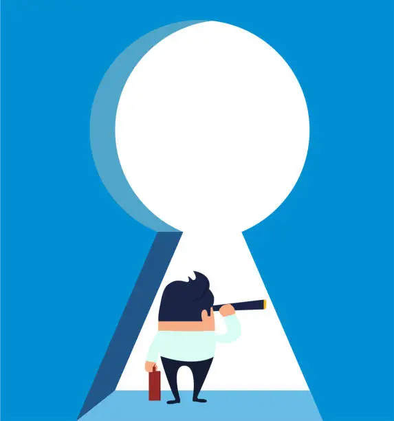 Vector illustration of Businessman holding a telescope standing at the door and looking into the distance