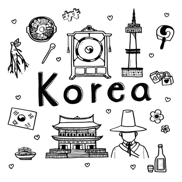illustrazioni stock, clip art, cartoni animati e icone di tendenza di sfondo vettoriale di viaggio e attrazione turistica per la corea del sud - korean culture