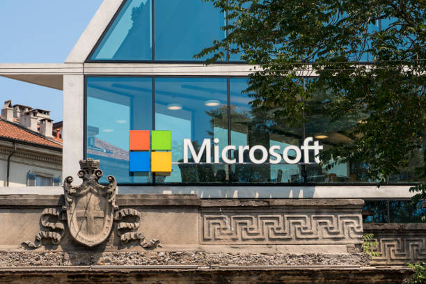 Microsoft Italian headquarter Milan, Italy - June 10, 2017: Microsoft new Italian headquarter, in Milan. Detail of the window facade. microsoft stock pictures, royalty-free photos & images