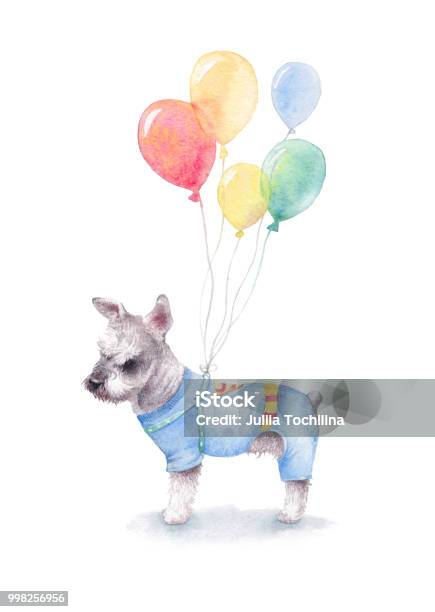 Watercolor Cute Little Dog With Balloons Isolated On White Background Stock Illustration - Download Image Now