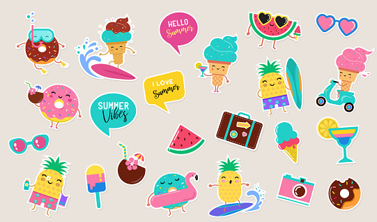 Sweet summer - cute ice cream, watermelon and donuts sticker illustrations, vector design