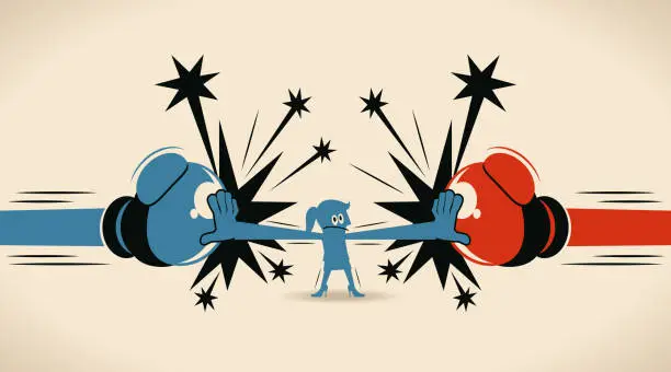 Vector illustration of Businesswoman block Jabs & Straight Punches (big boxing glove), woman stop conflict