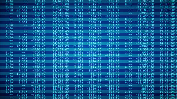 financial spreadsheet table report blue - spreadsheet financial figures computer computer monitor imagens e fotografias de stock