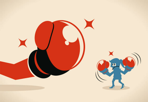 illustrations, cliparts, dessins animés et icônes de femme d’affaires (boxer, femme) luttant contre gros gant de boxe - boxing glove battle business fighting