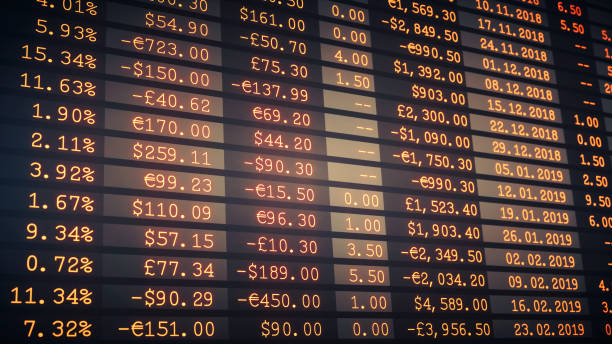 glühende finanzielle tabellenkalkulationsbericht in schwarz und orange - spreadsheet table banking wealth stock-fotos und bilder