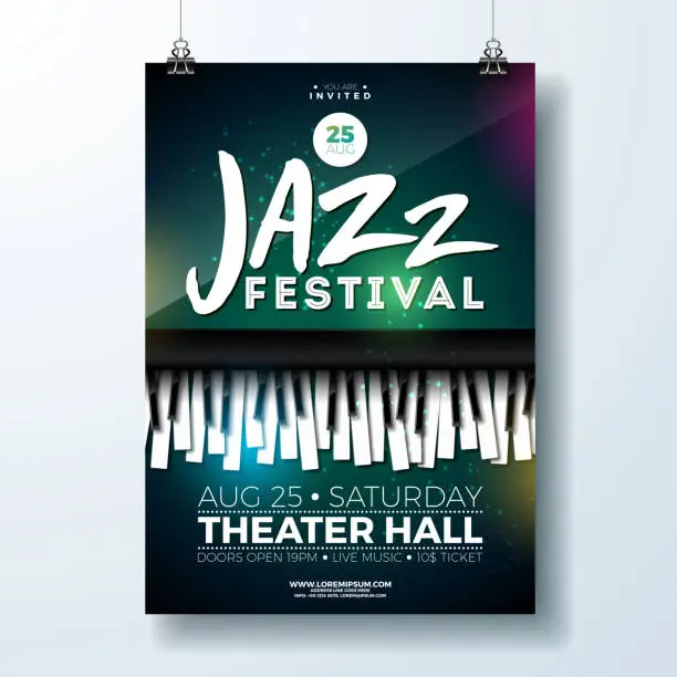 Vector illustration of Jazz Music Festival Flyer Design with Piano Keyboard on Dark Background. Vector Party Illustration Template for Invitation Poster, Promotional Banner, Brochure, or Greeting Card.