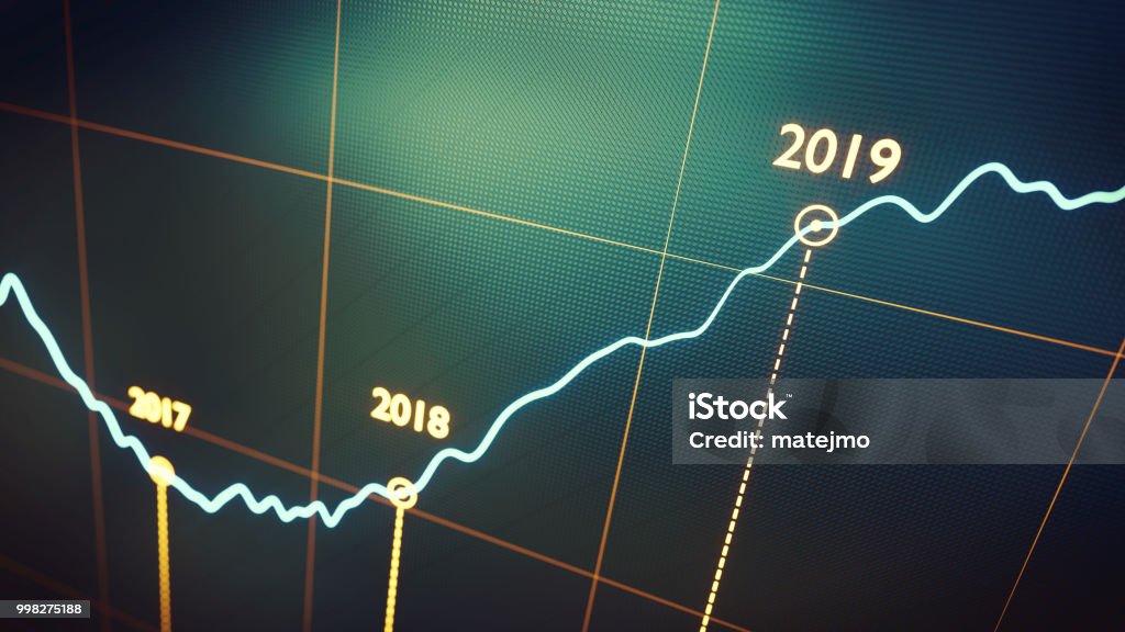 Yearly Graph Report 2019 Green A simple abstract financial report showing a graph line plotted on a dark pixelated background. Growth Stock Photo