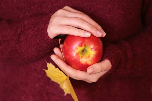 istock Autumn mood. The apple in female hands. 998275448