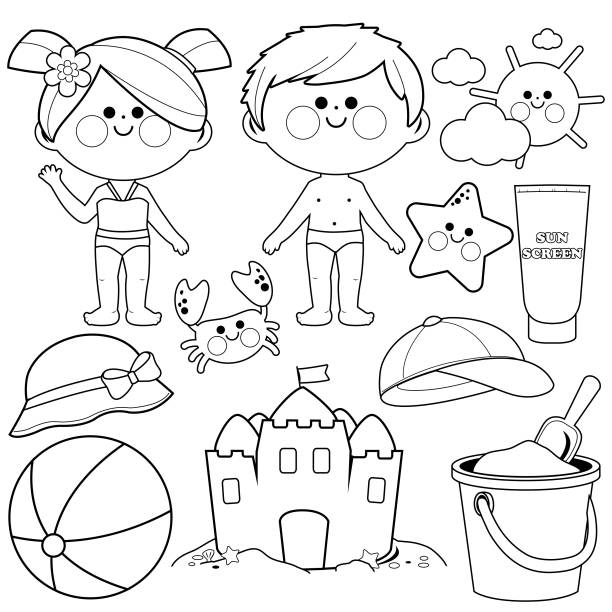 Children with swimsuits and beach summer vacation design elements. Black and white coloring book page Boy and girl kids with swimsuits and other beach summer vacation design elements. Vector black and white illustration beach ball beach summer ball stock illustrations